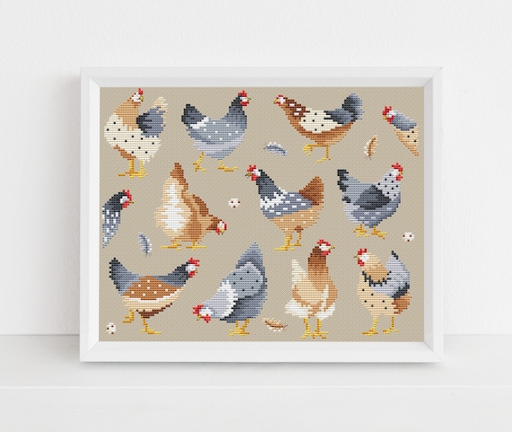 Chickens - Modern Cross Stitch Sampler - Lucie Heaton - Digital PDF Counted Cross Stitch Chart Download