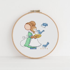 Modèle de point de croix Furry Tales Feed The Birds Mouse par Lucie Heaton, tableau PDF au point de croix à télécharger