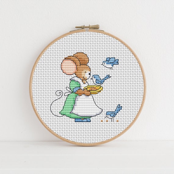 Furry Tales Feed The Birds Mouse Cross Stitch Pattern by Lucie Heaton,  PDF Counted Cross Stitch Chart Download