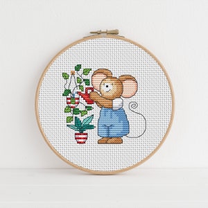 Furry Tales Houseplants Mouse - Cross Stitch Pattern - Lucie Heaton - Digital PDF Counted Cross Stitch Chart Download