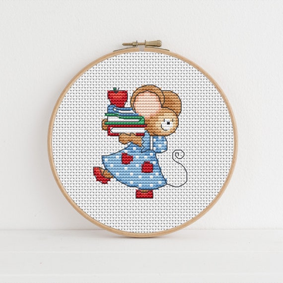 Furry Tales Apple for Teacher Mouse, Cross Stitch Pattern by Lucie Heaton,  PDF Counted Cross Stitch Chart Download