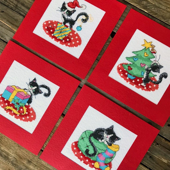 Christmas Cat Cards Cross Stitch Pattern by Lucie Heaton, PDF Counted Cross Stitch Chart Download