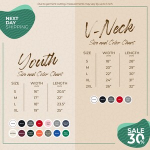 The image is a promotional graphic for a clothing store, displaying size and color charts for youth and V-Neck tops. The chart provides measurements for different sizes, including S, M, L, XL, and 2XL, along with corresponding widths and lengths. The image also includes a sale promotion of 30% off.