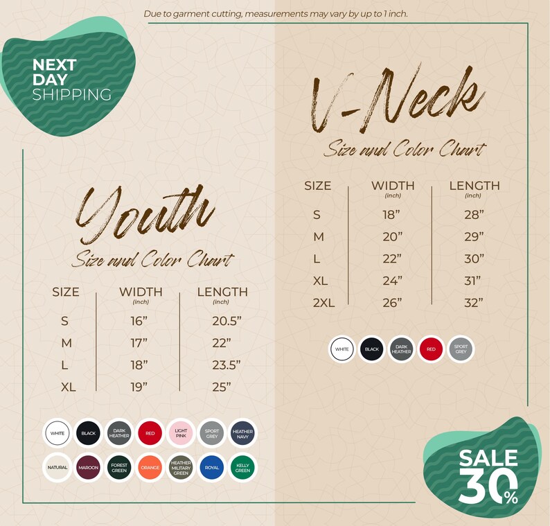 The image is a promotional graphic for a clothing store, displaying size and color charts for youth and V-Neck tops. The chart provides measurements for different sizes, including S, M, L, XL, and 2XL, along with corresponding widths and lengths. The image also includes a sale promotion of 30% off.