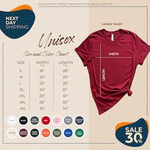 The image is a promotional graphic for a clothing brand, specifically a unisex t-shirt. It features a red t-shirt with measurements and color options displayed, along with a sale promotion.