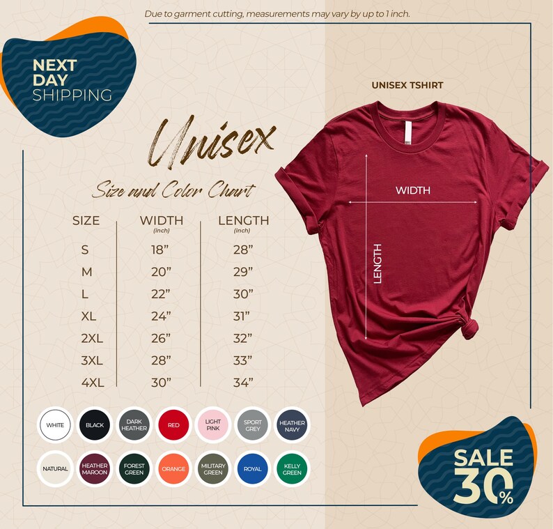 The image is a promotional graphic for a clothing brand, specifically a unisex t-shirt. It features a red t-shirt with measurements and color options displayed, along with a sale promotion.