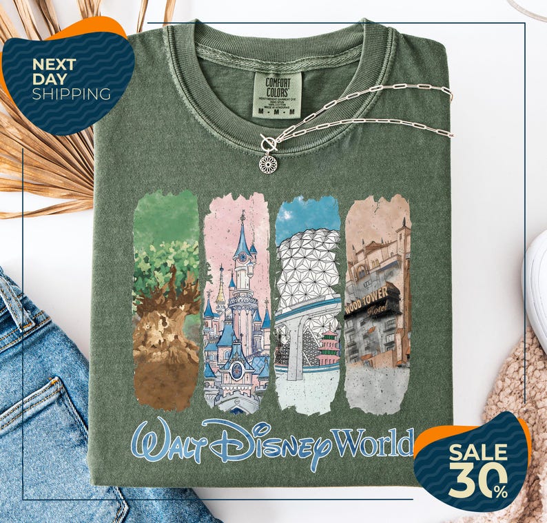 The image is an advertisement for a t-shirt featuring a collage of Disney World landmarks, including the Walt Disney World resort, the Tree of Life, the Epcot Space Needle, and the Hollywood Hills. The t-shirt is displayed on a white background, and there are two sale offers: a 30% discount and next day shipping.