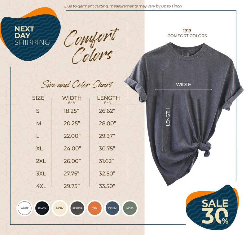 The image is a promotional advertisement for a clothing brand, featuring a gray t-shirt with measurements and color options. The ad highlights the brand's comfort colors and offers a sale of 30% off on their clothing items.