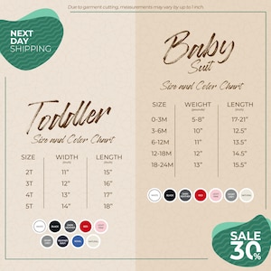 The image is a promotional graphic for a clothing store, featuring a size and color chart for toddler and baby suits. The chart provides measurements and color options for each size, including toddler sizes from 0 to 3 meters and baby sizes from 17 to 21 meters. The chart also includes a sale offer of 30% off.
