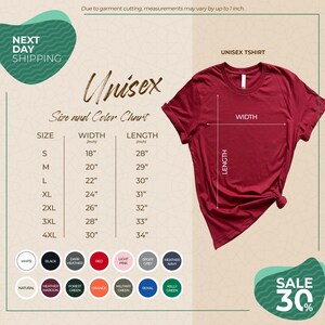 The image is a promotional graphic for a clothing brand, specifically an unisex t-shirt. It features a red t-shirt with measurements and color options displayed, along with a sale promotion.