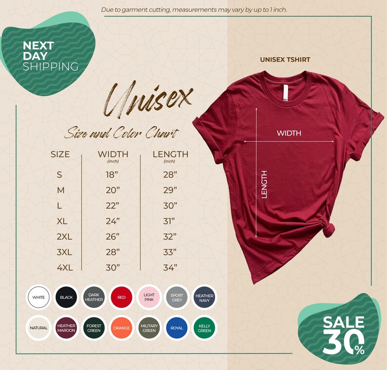 The image is a promotional graphic for a clothing brand, specifically an unisex t-shirt. It features a red t-shirt with measurements and color options displayed, along with a sale promotion.