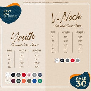 The image is a promotional graphic for a clothing store, displaying size and color charts for youth and V-Neck tops. The chart provides measurements for different sizes, including S, M, L, XL, and 2XL, along with corresponding widths and lengths. The image also includes a sale promotion of 30% off.