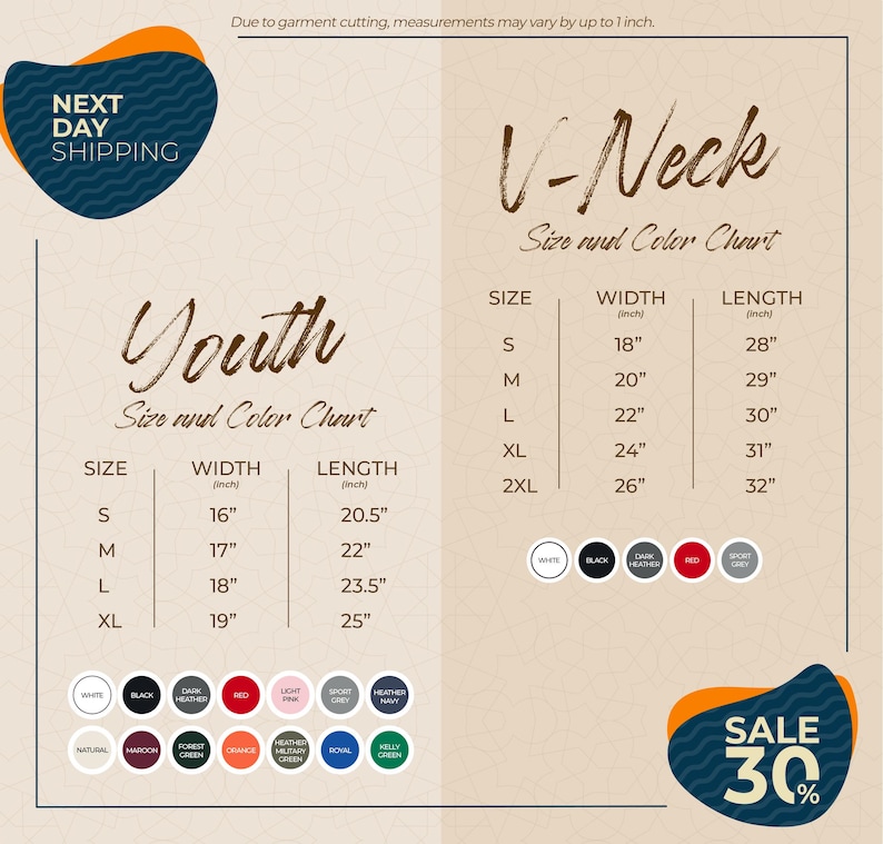 The image is a promotional graphic for a clothing store, displaying size and color charts for youth and V-Neck tops. The chart provides measurements for different sizes, including S, M, L, XL, and 2XL, along with corresponding widths and lengths. The image also includes a sale promotion of 30% off.