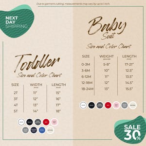 The image is a promotional graphic for a clothing store, featuring a size and color chart for toddler and baby suits. The chart provides measurements and color options for each size, including toddler sizes from 0 to 3 meters and baby sizes from 17 to 21 meters. The chart also includes a sale offer of 30% off.