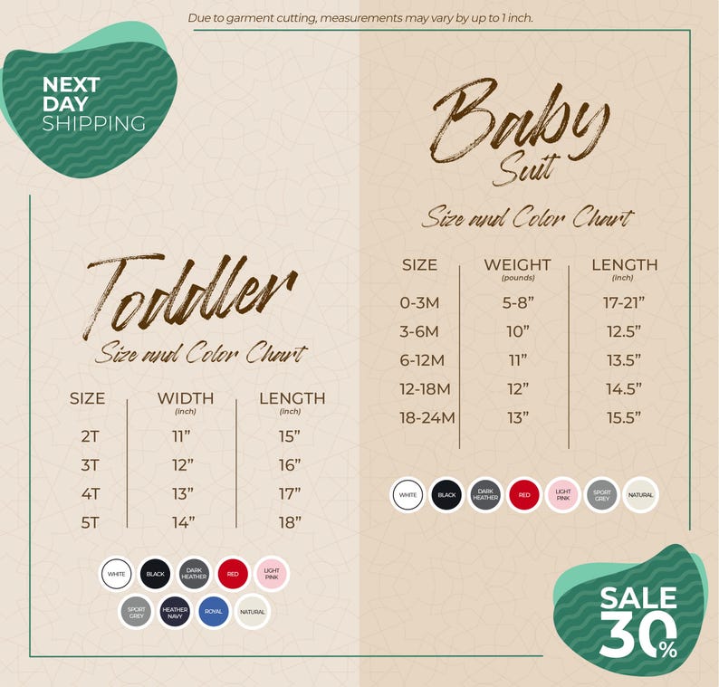 The image is a promotional graphic for a clothing store, featuring a size and color chart for toddler and baby suits. The chart provides measurements and color options for each size, including toddler sizes from 0 to 3 meters and baby sizes from 17 to 21 meters. The chart also includes a sale offer of 30% off.