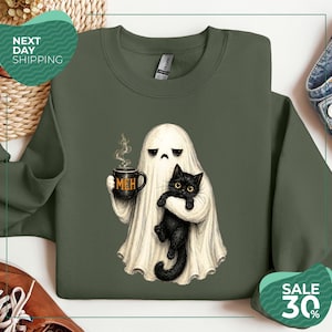Ghost Cat Sweatshirt | Spooky Black Cat Hoodie | Funny Introvert Halloween Sweatshirt | Coffee Lover Ghost Pullover | Cozy Fall Sweatshirt