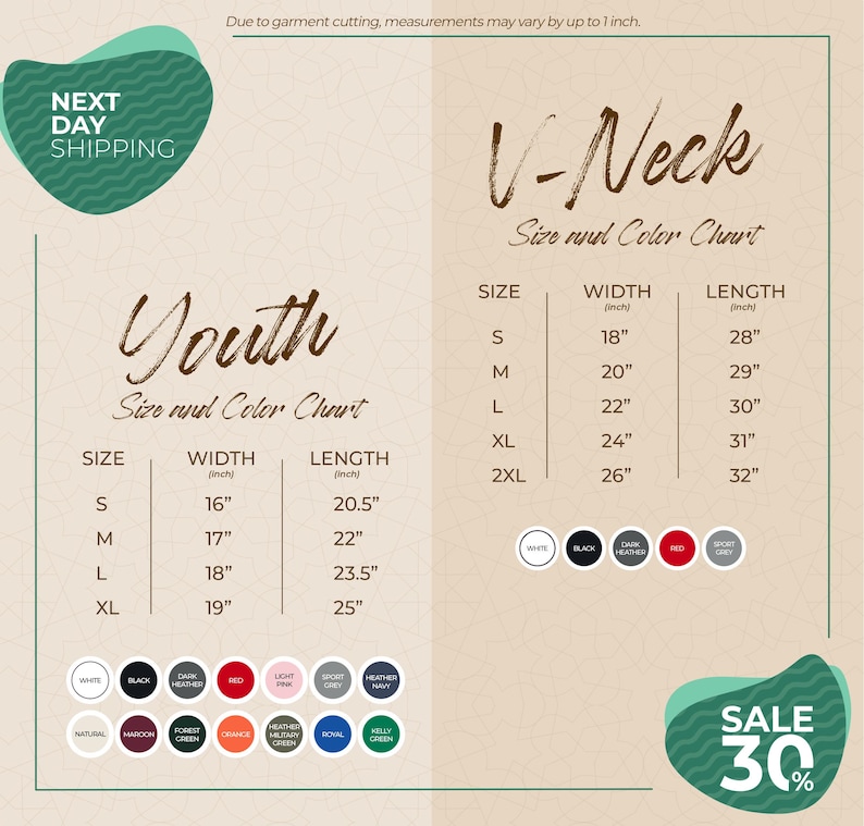 The image is a promotional graphic for a clothing store, displaying size and color charts for youth and V-Neck tops. The chart provides measurements for different sizes, including S, M, L, XL, and 2XL, along with corresponding widths and lengths. The image also includes a sale promotion of 30% off.