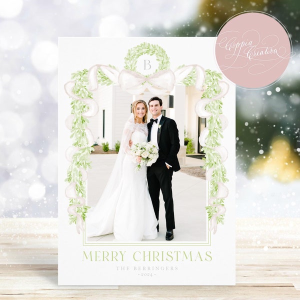 PRINTABLE Christmas Card with Photo, Holiday Card, Photo Card, Garland, Floral, Photo Card, Grandmillennial, Preppy, Southern, Green, White