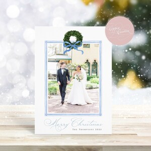 PRINTABLE Christmas Card with Photo, Holiday Card, Photo Card, Garland, Boxwood Wreath, Photo Card, Grandmillennial, Preppy, Southern, Blue