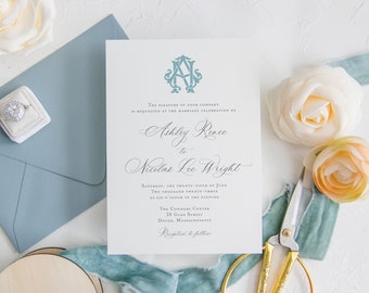 Printable Wedding Invitation, Wedding Invitation Suite, Monogram, Southern, Classic Wedding, Invitation Template, Dusty Blue, Traditional