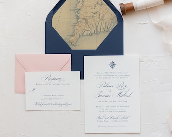 Nautical Wedding Invitation, Compass Wedding Invitation, Seaside, East Coast Wedding, Navy Wedding Invitation, Letterpress Invitation, Blush