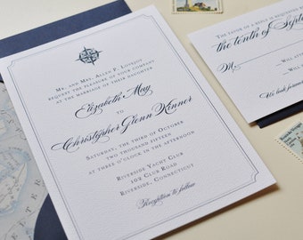 Nautical Wedding Invitation, Compass Rose, Seaside Wedding, East Coast Wedding, Navy Wedding Invitation, Letterpress Wedding Invitation