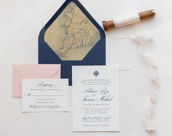 Nautical Wedding Invitation, Compass Wedding Invitation, Seaside, East Coast Wedding, Navy Wedding Invitation - DEPOSIT