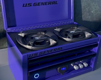 Altavoz Bluetooth mini caja de herramientas morado: dispositivo de audio único para tiendas con 4 tomas de carga para teléfonos.