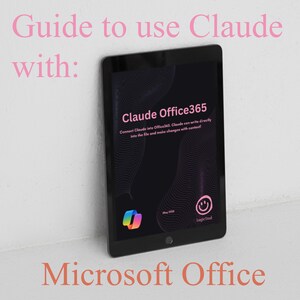 Könnte beinhalten: Ein schwarzes Tablet zeigt eine Anleitung mit dem Titel "Guide to use Claude with: Microsoft Office." Der Bildschirm zeigt "Claude Office365" mit Text zum Verbinden und direkten Schreiben in Dateien. Ein farbenfrohes Logo und das Logic Tool-Logo sind ebenfalls sichtbar.