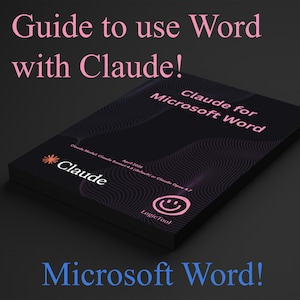 Könnte beinhalten: Ein schwarzes Buch mit dem Titel "Claude für Microsoft Word" und dem pinkfarbenen Text "Guide to use Word with Claude!". Das Cover zeigt ein stilisiertes Design und das Claude-Logo. Der Text "Microsoft Word!" befindet sich unten.