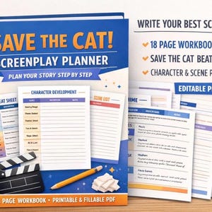 May include: A blue and white "Save the Cat! Screenplay Planner" book with the text "Plan Your Story Step by Step." Includes a workbook, beat sheet, and character & scene planners. Also includes a pencil, notepad, and film clapper.