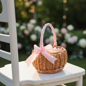 May include: A small, woven wicker basket with a pink handle and bow, filled with petals. The basket sits on a white chair, with a blurred background of flowers and greenery.