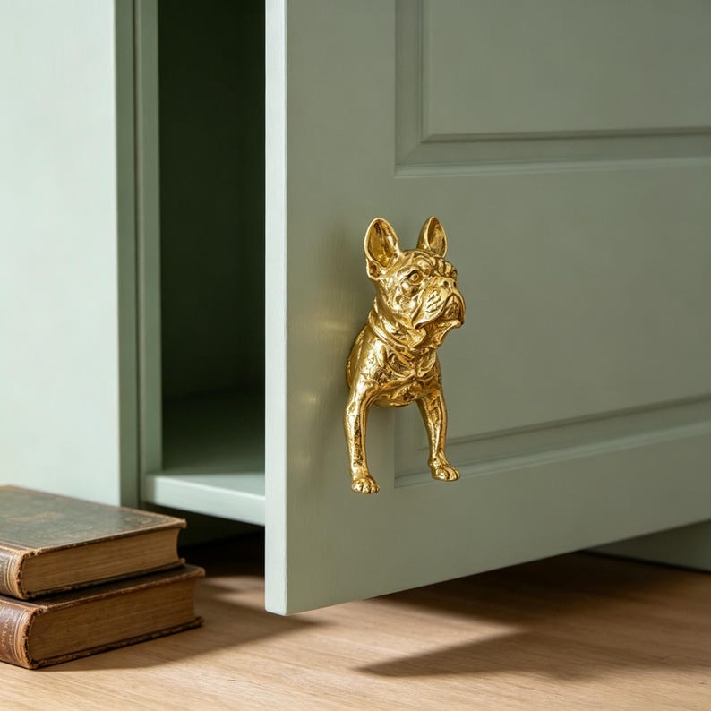 Peut inclure: Un bouton de placard en m&eacute;tal dor&eacute; en forme de bouledogue fran&ccedil;ais. La poign&eacute;e pr&eacute;sente une figurine tridimensionnelle d&eacute;taill&eacute;e du chien avec la t&ecirc;te et les pattes avant vers l'ext&eacute;rieur, fix&eacute;e sur un panneau de porte de placard vert sauge.