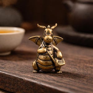 May include: A small, detailed brass dragon figurine with wings, horns, and a satchel. The dragon is posed on a wooden surface, with a cup and teapot in the background. The figurine is approximately 2 inches tall.