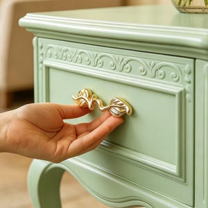 Puede incluir: Una mesita de noche de color verde claro con un cajón que presenta molduras decorativas y un tirador de metal dorado brillante con forma de dos hojas. El frente del cajón tiene un panel rectangular empotrado y detalles tallados en el borde.