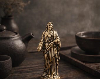 Solid Brass Sacred Heart Jesus Figurine | Antique Bronze Desk Ornament Tea Pet