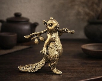Solid Brass Squirrel Figurine, Vintage Tea Pet Ornament, Woodland Animal Sculpture