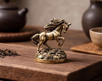 Solid Brass Horse Figurine, Prosperity Symbol, Desk Ornament, Tea Pet, Retro Style