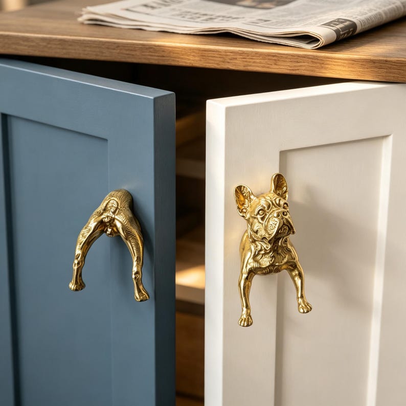 Peut inclure: Deux boutons de placard en m&eacute;tal dor&eacute; en forme de bouledogue fran&ccedil;ais. Un bouton repr&eacute;sente l'avant du chien avec les oreilles et les pattes, tandis que l'autre repr&eacute;sente l'arri&egrave;re du chien avec les pattes arri&egrave;re. Fix&eacute;s sur des portes bleues et blanches.