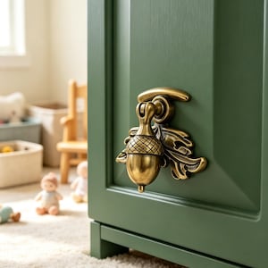 May include: A brass acorn-shaped cabinet pull with a detailed leaf backplate mounted on a solid matte green cabinet door. The hardware features a swinging drop handle design with a textured cap and a smooth, polished finish on the acorn body.