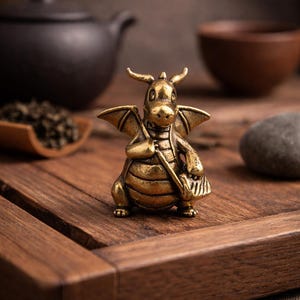 May include: A detailed brass dragon figurine with wings, horns, and a small bag. The dragon is posed on a wooden surface, suggesting a decorative or collectible item. The dragon is a golden color.