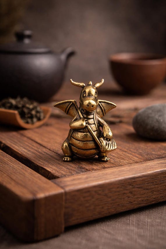 Brass Dragon Figurine with Backpack | Tea Pet, Desk Decor, Collectible Statue