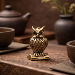 Könnte beinhalten: Detaillierte Eulenfigur aus Messing, die auf einem kleinen Baumstamm sitzt. Die Eule hat große, runde Augen und strukturierte Federn. Die Figur hat eine warme Goldfarbe und steht auf einer Holzoberfläche, was auf ein Dekorations- oder Sammlerobjekt hindeutet.