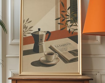 Italian Coffee Poster, Vintage Moka Pot Espresso Art, Kitchen Decor Print