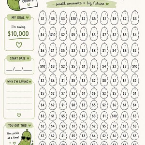 Può includere: Un foglio per il monitoraggio dei risparmi verde e bianco intitolato PICKLE $10,000 SAVINGS TRACKER. Presenta un personaggio cetriolo, sezioni per i dettagli dell'obiettivo e una griglia di 100 contorni di cetrioli con importi in dollari da colorare.