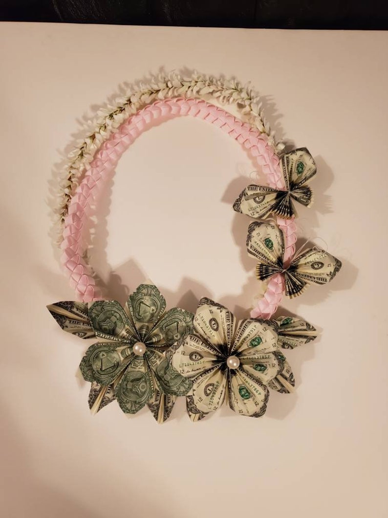 Double Pink Graduation Money Leis Money Leis Graduation Flowers Money Leis Wedding Leis Ribbon Leis - 