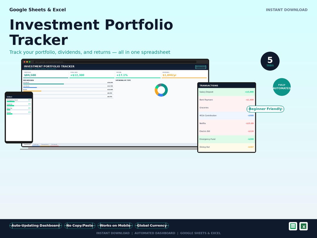 Investment Portfolio Tracker Spreadsheet | Google Sheets Stock Tracker ...