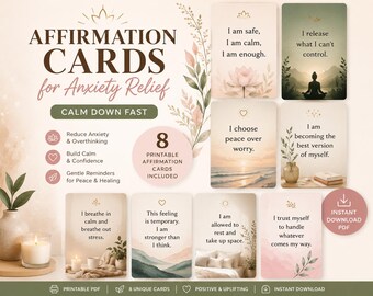 Anxiety Relief Affirmation Cards Printable PDF | Positive Affirmations for Anxiety | Calming Mindset Cards | Self Care Gift | Instant Downlo