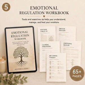 May include: An Emotional Regulation Workbook and journal featuring a tree illustration on the cover. The set includes printed pages titled Emotion Check-In, Trigger Tracker, Calming Strategies, Emotional Release, and My Coping Toolkit, totaling 65+ pages.