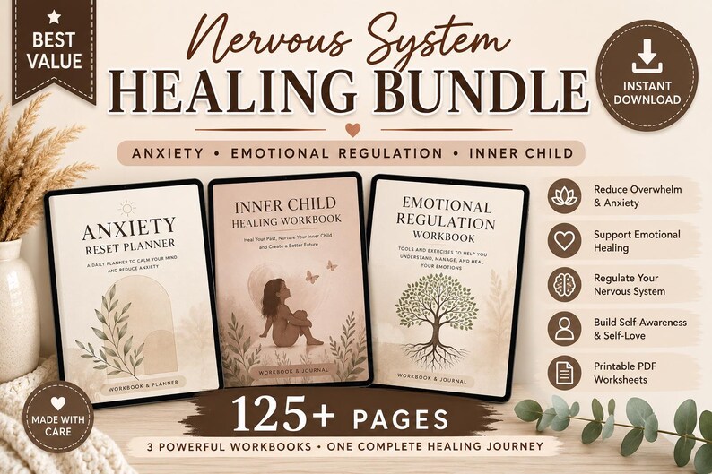 May include: A Nervous System Healing Bundle featuring three digital workbooks titled Anxiety Reset Planner, Inner Child Healing Workbook, and Emotional Regulation Workbook. The beige covers display botanical illustrations, a silhouette, and a tree.